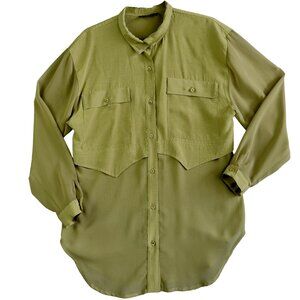 VTG Sheer Olive GREEN Benjamin A. Sheer Sleeve & Lower Panel Button Shirt  W M/L
